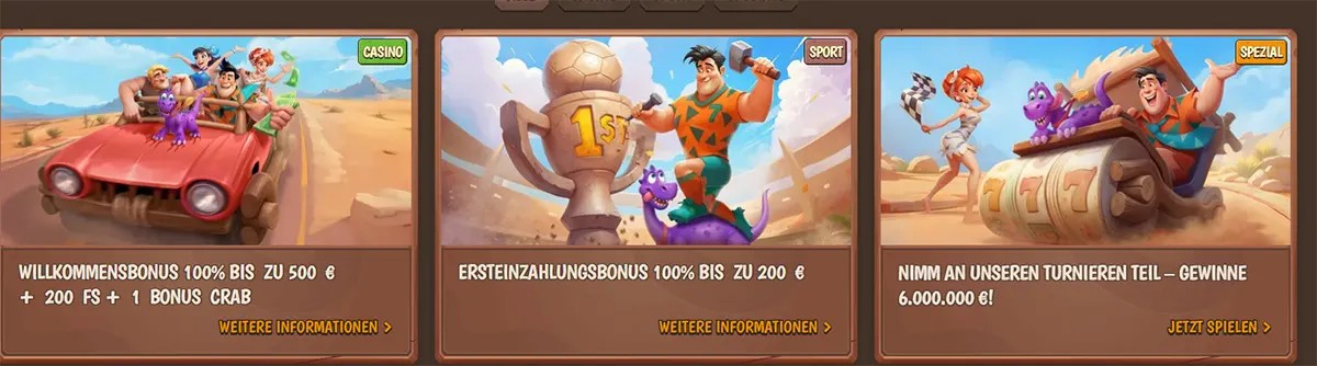 Stone Vegas Casino promotional cards in German showing welcome bonus, first deposit bonus, and tournament offer with cartoon characters and “Play Now” and “More Info” buttons