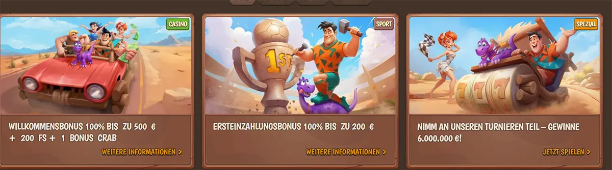Stone Vegas Casino promotional cards in German showing welcome bonus, first deposit bonus, and tournament offer with cartoon characters and “Play Now” and “More Info” buttons