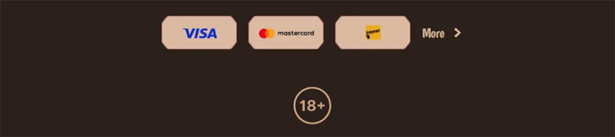 Stone Vegas Casino payment section showing Visa, Mastercard, and Paysafecard icons with 18+ age restriction badge on dark background
